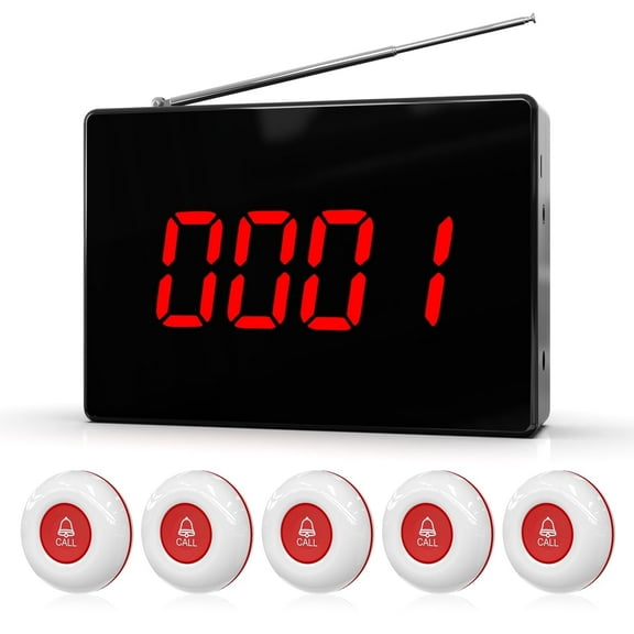 CallToU Wireless Calling System Customers Patient Pager System With 5 PCS Waterproof Call Buttons and 1PC Display Receiver