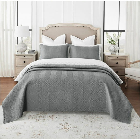 Calla Angel Evelyn Stitch Chevron Luxury Pure Cotton Quilt, Gray, Chevron, 3 Pieces King Quilt Set