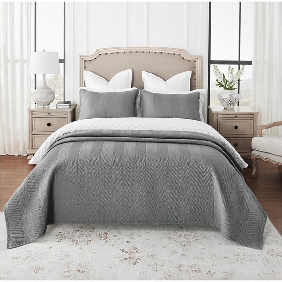 Calla Angel Evelyn Stitch Chevron Luxury Pure Cotton Quilt, Gray, Chevron, 3 Pieces Queen Quilt Set