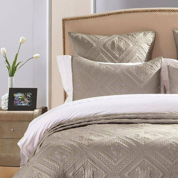 Calla Angel Fern Crystal Luxury Faux Silk Quilted Pillow Sham, Standard, 20x26, Khaki