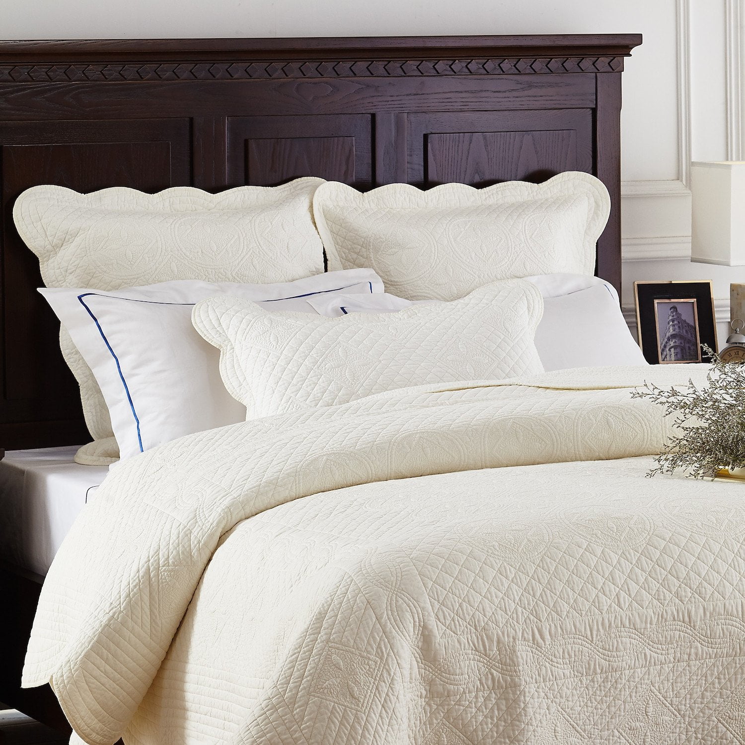 Ivory Quilted Cotton Standard Pillow Sham with Floral Patterns