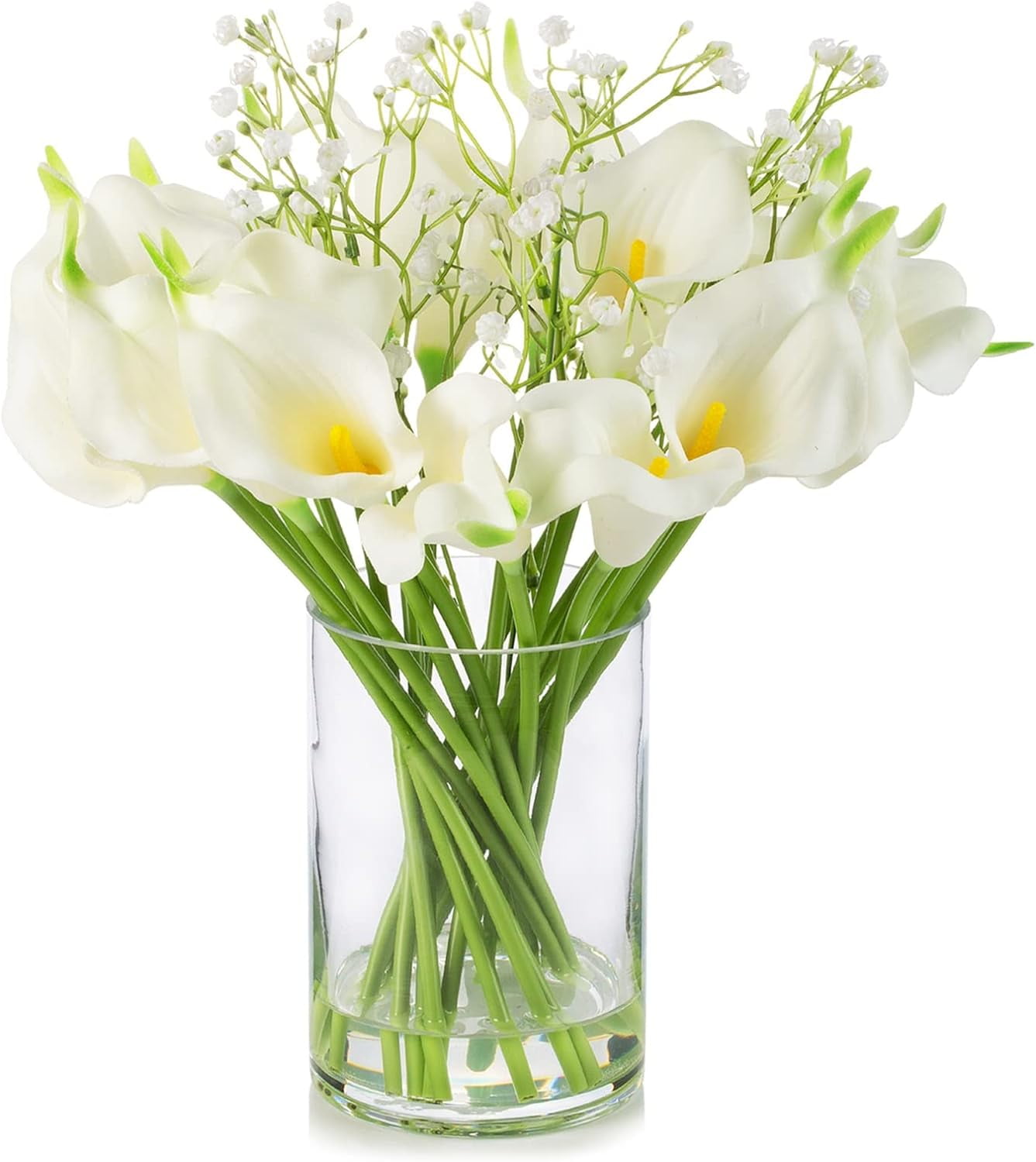 Calla Lilies Artificial Flowers in Glass Vase, Mixed Faux Real Touch