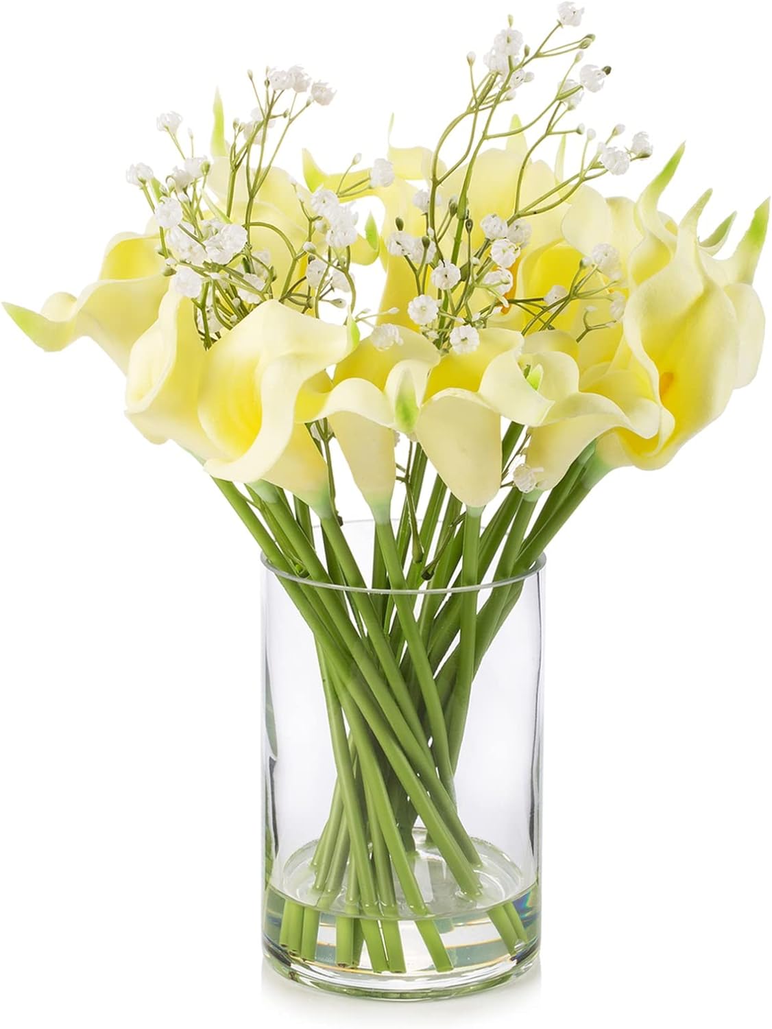 Calla Lilies Artificial Flowers In Glass Vase, Mixed Faux Real Touch
