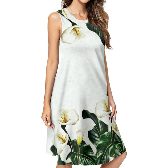Calla Lilies Spring Summer Dresses for Women Fashion T-shirt Dress Casual Sleeveless Loose Sundress with Pockets