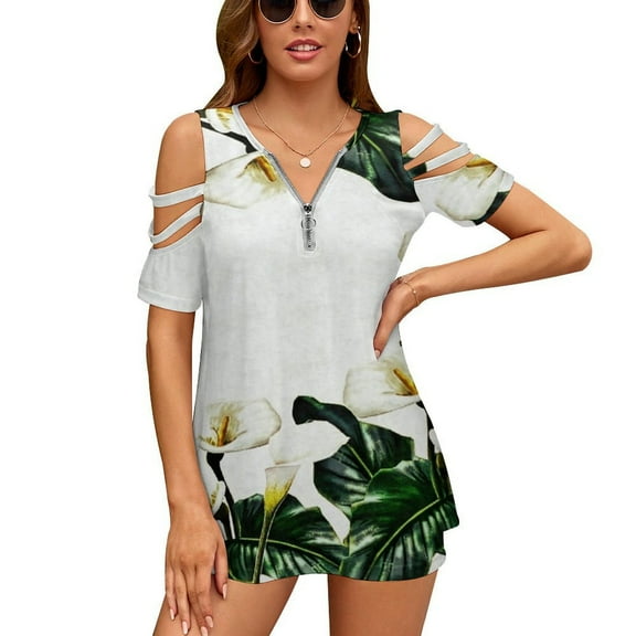 Calla Lilies Womens Summer V Neck Zipper Top Short Sleeve T Shirt Off Shoulder Top Casual Classy Loose Shirts