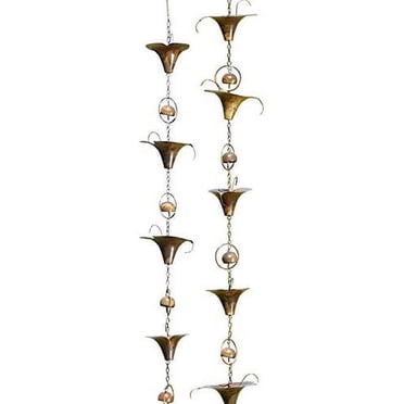 Ancient Graffiti Pine Cones & Bells Rain Chains - Flamed Copper Finish, Pack Of 2 For Gutter Drainage