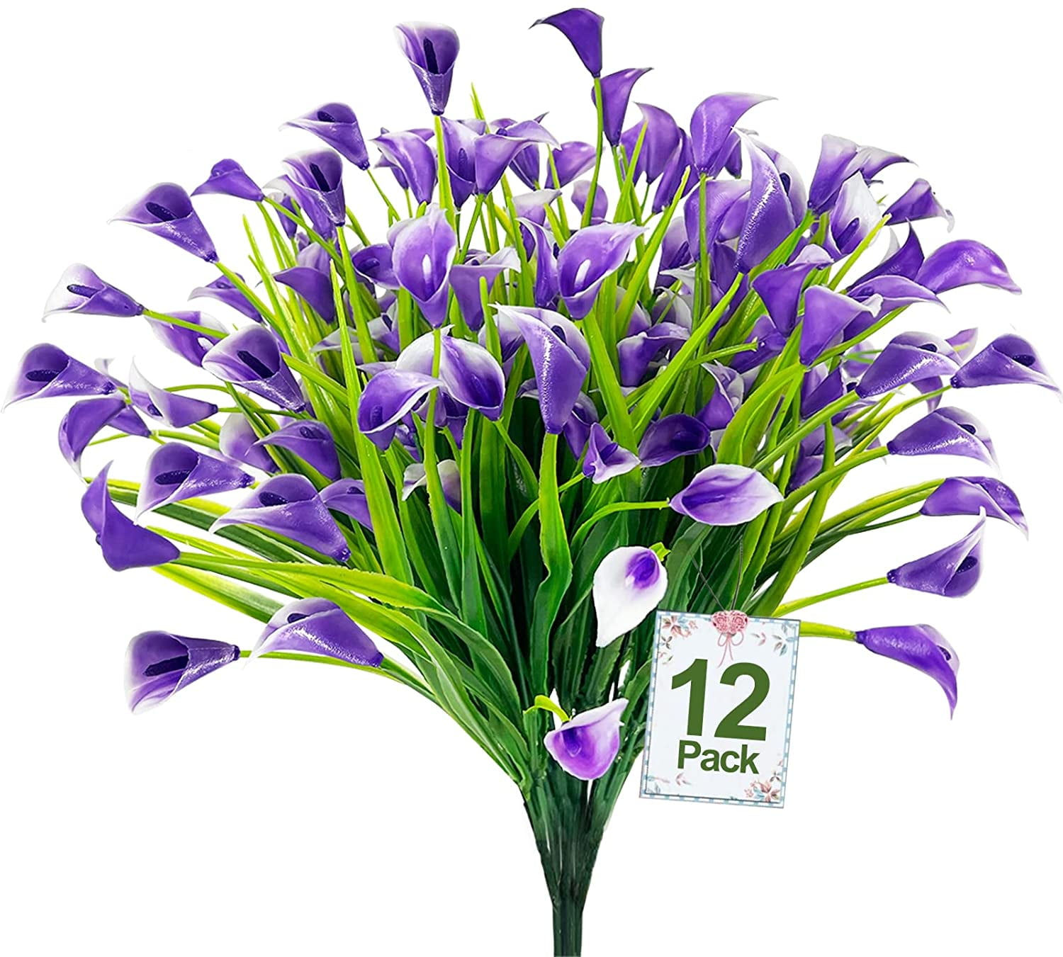 Calla Lily (3Heads) Artificial Flowers for Outdoors, UV Resistant Faux Fake Plants Plastic Flowers Indoor Outside Planter Home Porch Summer Cemetery Decor(Purple)