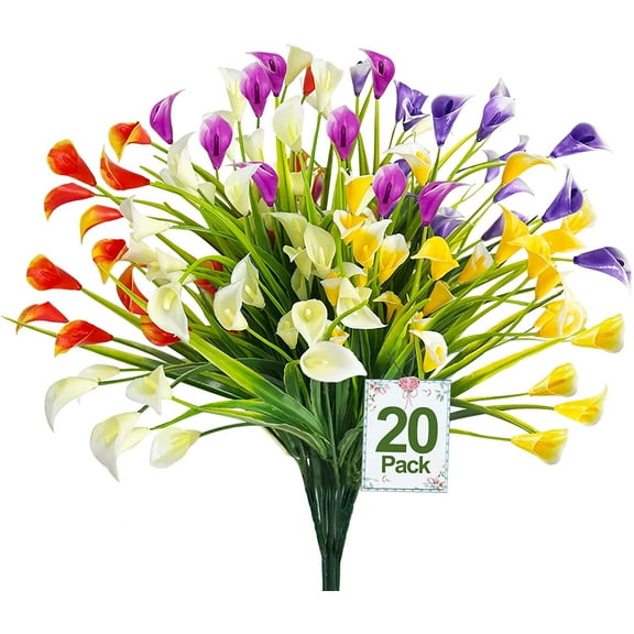 Calla Lily (5Heads) Artificial Flowers for Outdoors, Fake Plants UV Resistant Faux Plastic Flowers Indoor Outside Planter Home Porch Summer Cemetery Decor(Color Mix)