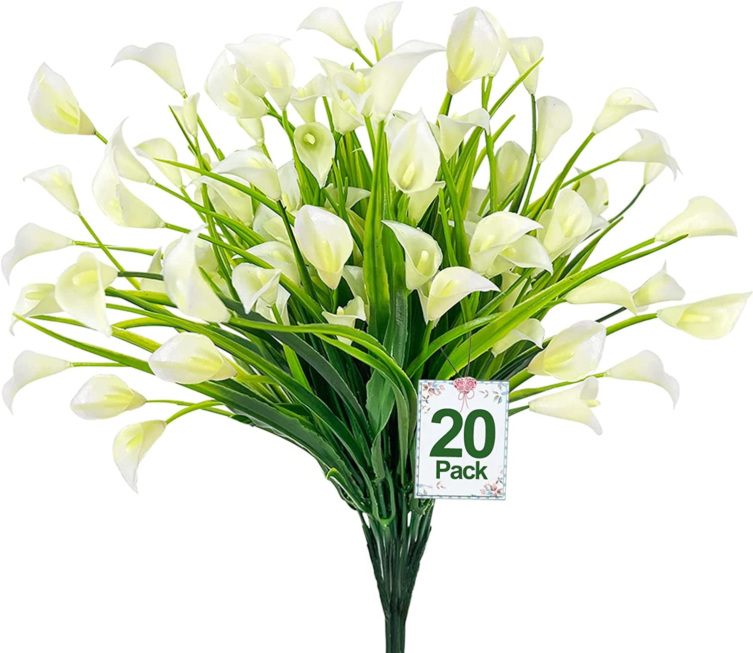 Calla Lily (5Heads) Artificial Flowers for Outdoors, Fake Plants UV Resistant Faux Plastic Flowers Indoor Outside Planter Home Porch Summer Cemetery Decor(White)
