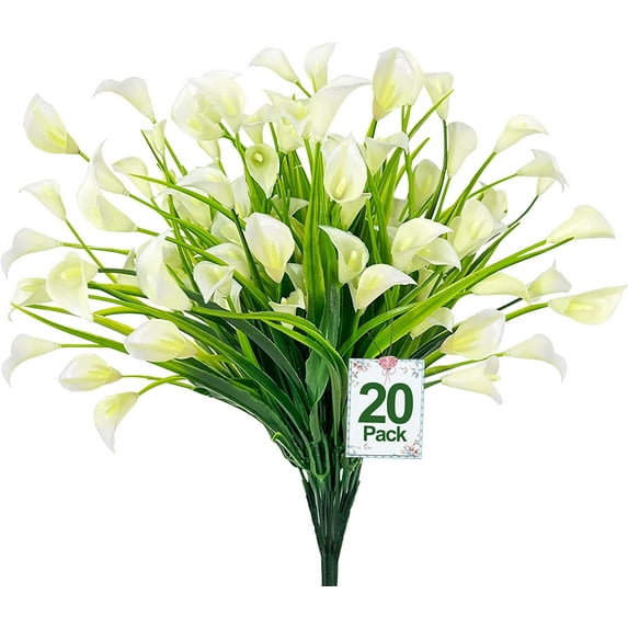 Calla Lily (5Heads) Artificial Flowers for Outdoors, Fake Plants UV Resistant Faux Plastic Flowers Indoor Outside Planter Home Porch Summer Cemetery Decor(White)