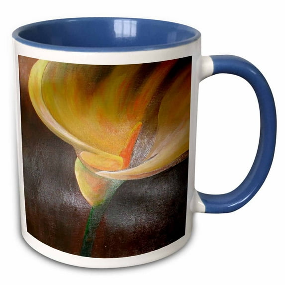 3drose, Calla Lily a Single Easter Arum Lily Painted in a Realistic Style on a Brown Background, 11oz Two-tone Blue Mug