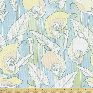 Calla Lily Fabric by the Yard, Art Pattern with Outline Zantedeschia on Pastel Colored Weathered Background, Upholstery Fabric for Dining Chairs Home Decor Accents, 2 Yards, Multicolor by Ambesonne