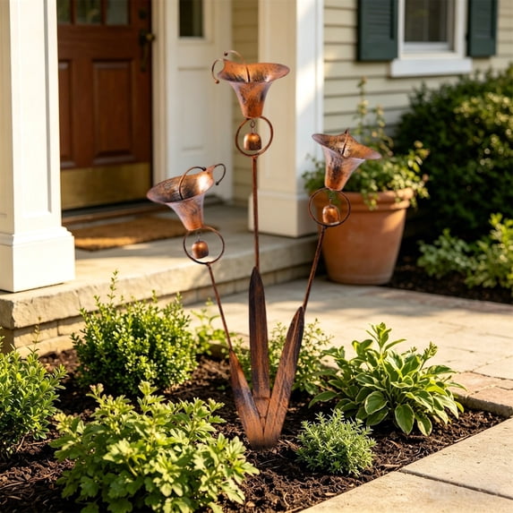 Calla Lily Garden Stake with Bells, Copper Metal Flower Wind Chime Yard Art, Rustic Outdoor Decorative Stake for Patio Lawn Garden Ornament