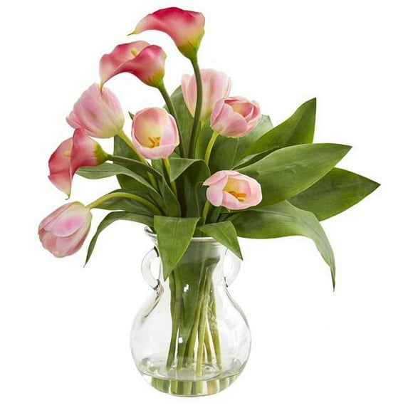 Calla Lily & Tulips Artificial Arrangement in Decorative Vase - Pink