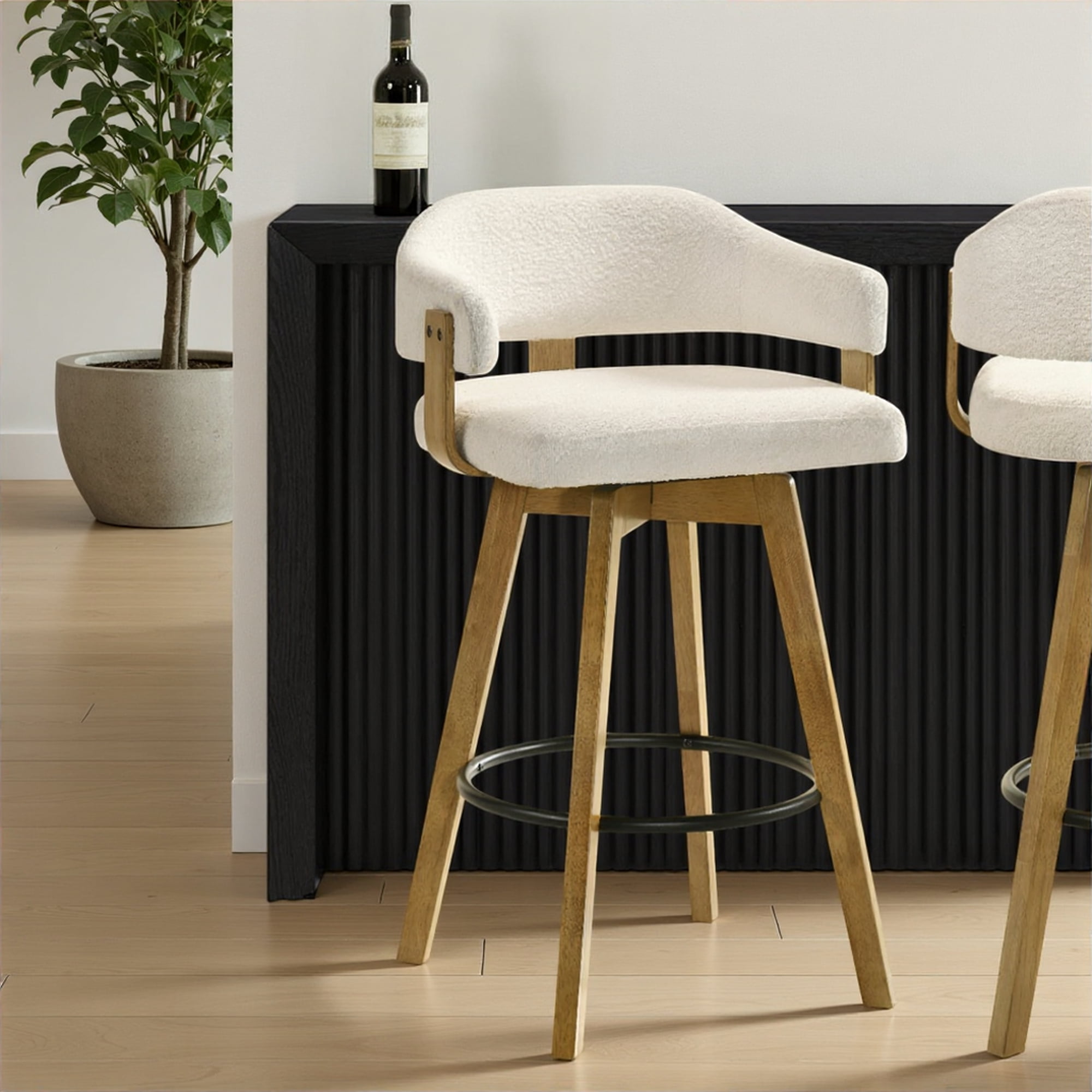Callah Contemporary Natural Wood Bar Height Kitchen Bar Stool in Amber Glow Finish with White Boucle Fabric Upholstered Seat - Set of 2