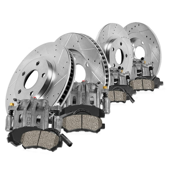 Callahan Brake Parts Brake Kit for Chevrolet Express 3500 2003-2020, GMC Savana 3500 2007-2020 Front and Rear Drilled and Slotted Brake Rotors with Ceramic Brake Pads and Brake Calipers CLHCCD111512