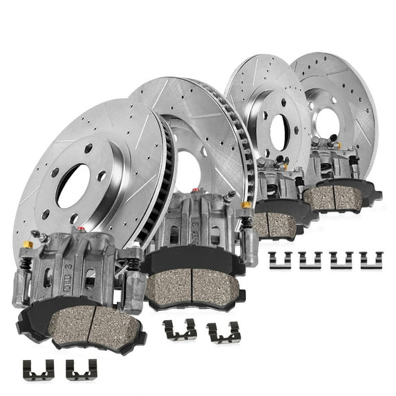 Callahan Brake Parts Brake Kit for Mini Cooper 2007-2010 Front and Rear Drilled and Slotted Brake Rotors with Ceramic Brake Pads and Brake Calipers EBYK047567
