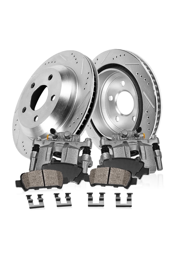 Kit for Ford E-350 Super Duty 08-19 Ford E-350 Super Duty 21-23 Ford E-450 Super Duty 17-18 Rear Drilled Slotted Rotors Ceramic Brake Pads Calipers EBYK048051