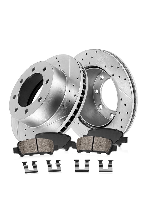 Kit for Ford E-150 08-14 Ford E-250 08-14 Ford E-350 Super Duty 08-19 Ford E-350 Super Duty 21-23 Ford E-450 Super Duty 17-18 Rear Drilled Slotted Rotors Brake Pads EBYK025595