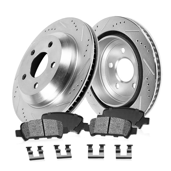 Callahan Brake Parts Brake Kit for Chrysler Aspen 07-09 Dodge Durango 04-09 Dodge Ram 1500 02-10 Ram 1500 11-18 Ram 1500 Classic 19-24 Rear Drilled Slotted Rotors with Metallic Brake Pads EBYK038337
