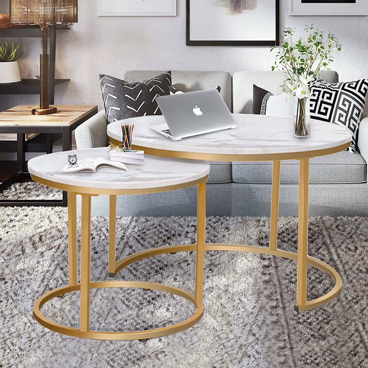 Callalily Round Coffee Table Set of 2 Modern Nesting Golden Frame Circular and Marble Pattern Wooden Stacking Accent Coffee Tables Metal Frame for Apartment Living, White