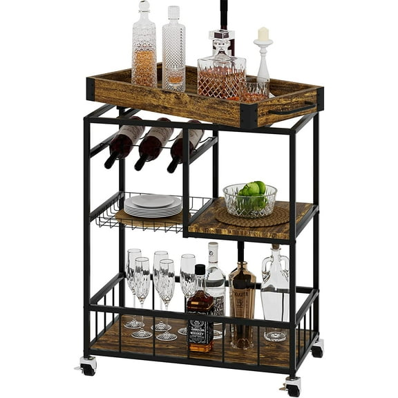 Callalily Vintage Style Rolling Kitchen Serving Carts with Glass Holder, Steel Frame Brown