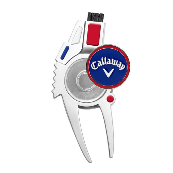 Callaway 4-n-1 Divot Repair Tool, includes Ball Marker, Brush and Groove Cleaner, Red/White/Blue