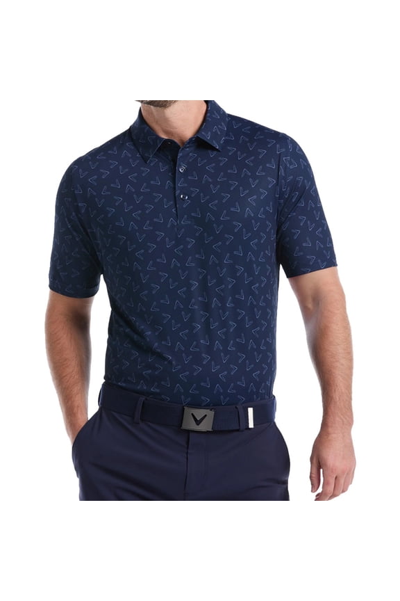 Men's All-Over Chevron Printed Short Sleeve Golf Polo, Large Peacoat -