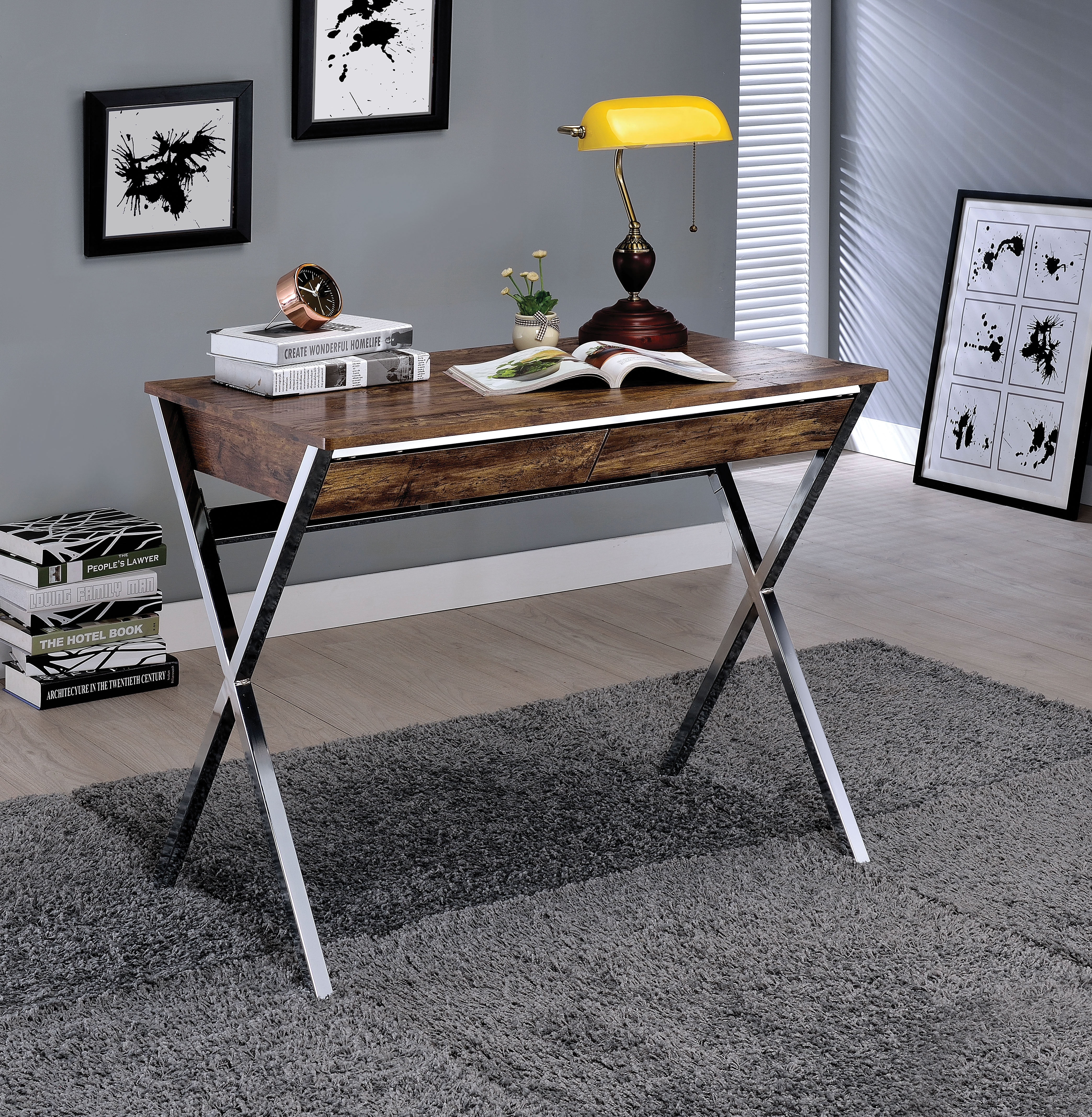 Weathered Oak and Chrome Writing Desk with X-Leg Design