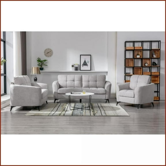 Callie 3-Piece Light Gray Woven Fabric Living Room Set Sofa, Loveseat, Chair with Tufted Pocket Coil Seating | Gray | Woven Fabric | Metal