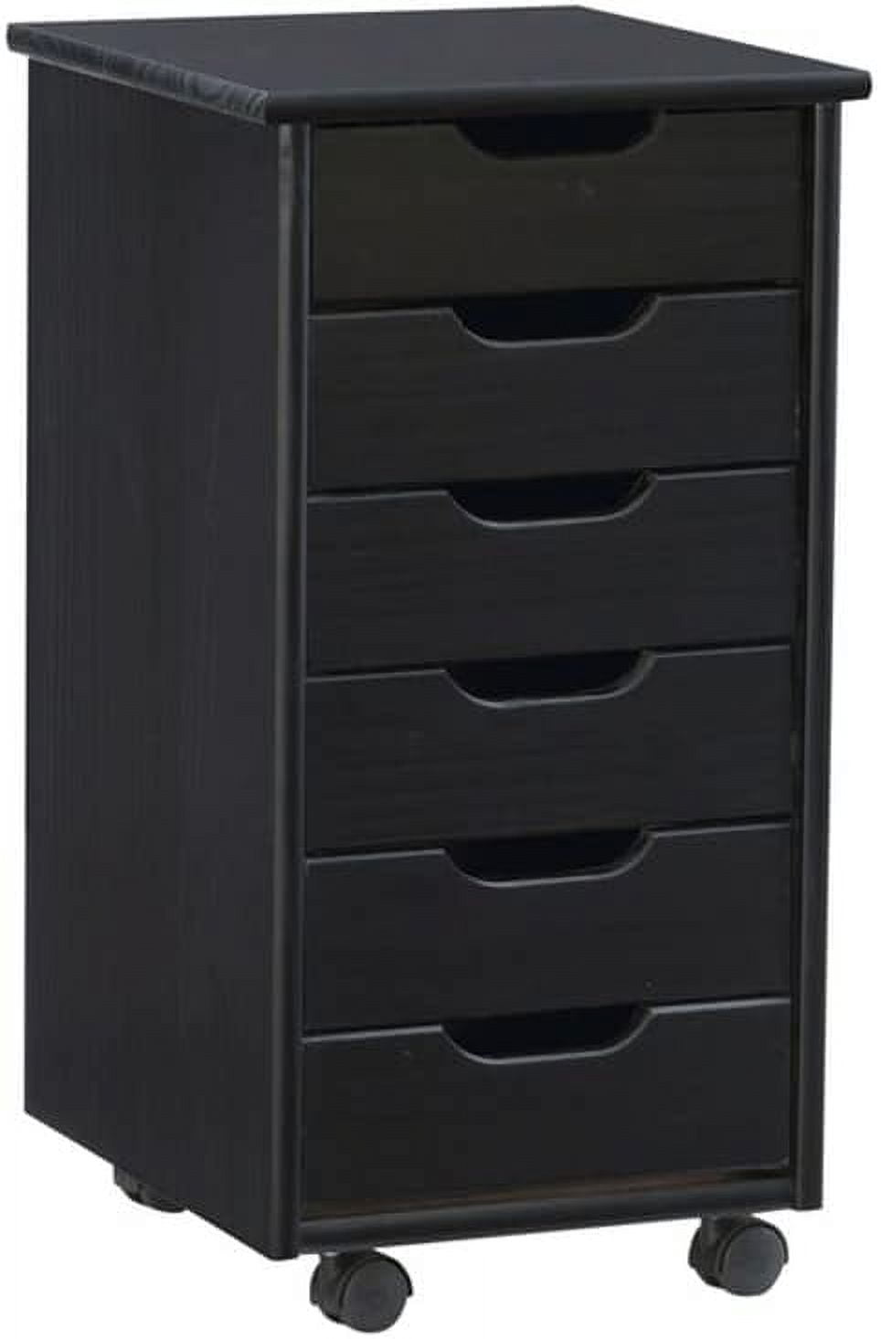 Callie Black Pine Wood Six Drawer Rolling Storage Cart