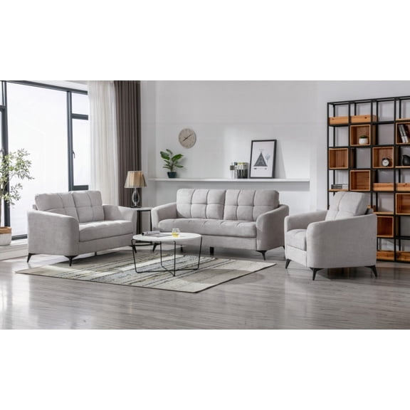 Callie Light Gray Woven Sofa Set with Tufted Cushion & Pocket Coil Seating