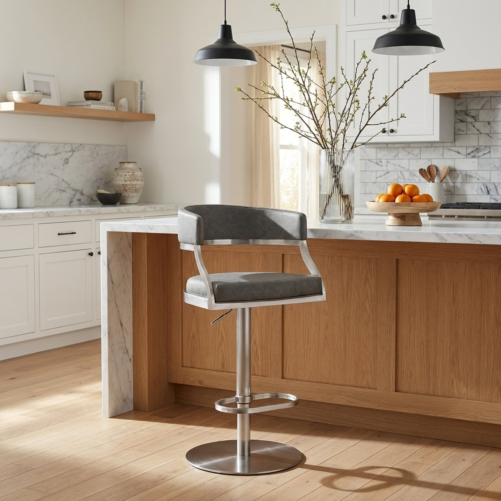 Callie Modern Retro Swivel Metal Adjustable Height Barstool With Faux Leather Seat