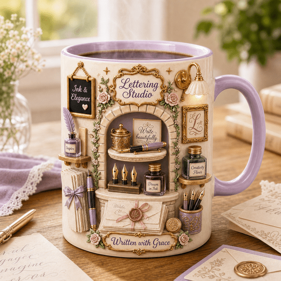 Calligraphy Ceramic Coffee Mug, Ink & Elegance Lettering Studio Gift for Writers