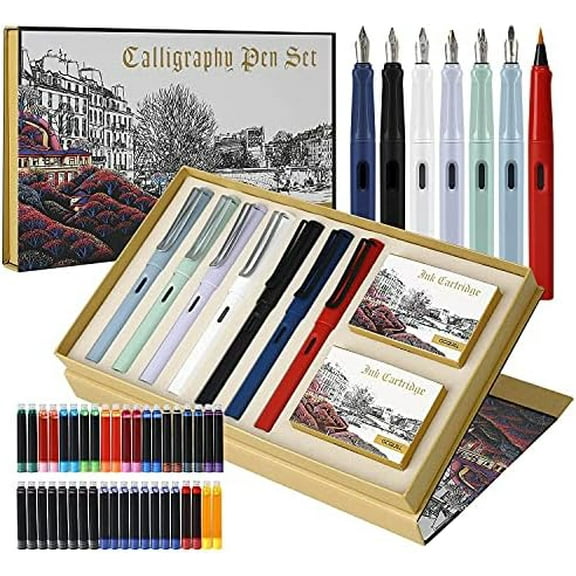 Calligraphy Fountain Pen Set- 7 with Different Nibs and 40 Ink Cartridges for Beginners- MU-09$$Office