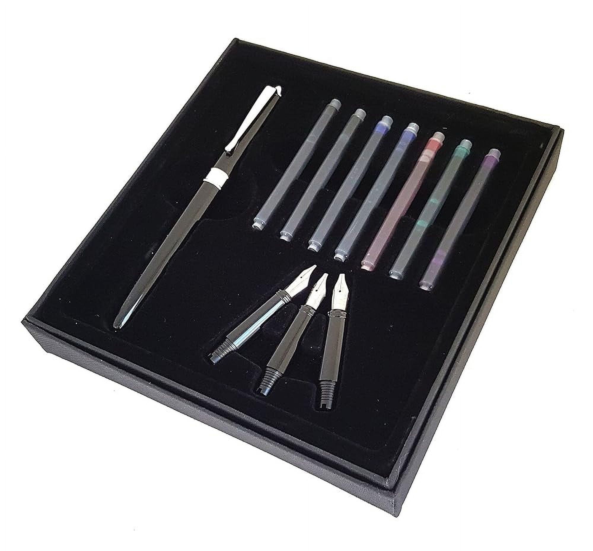 Calligraphy Fountain Pen Set (Black) Bundle With A Fountain Pen, 3 Nibs And 7 Cartridges