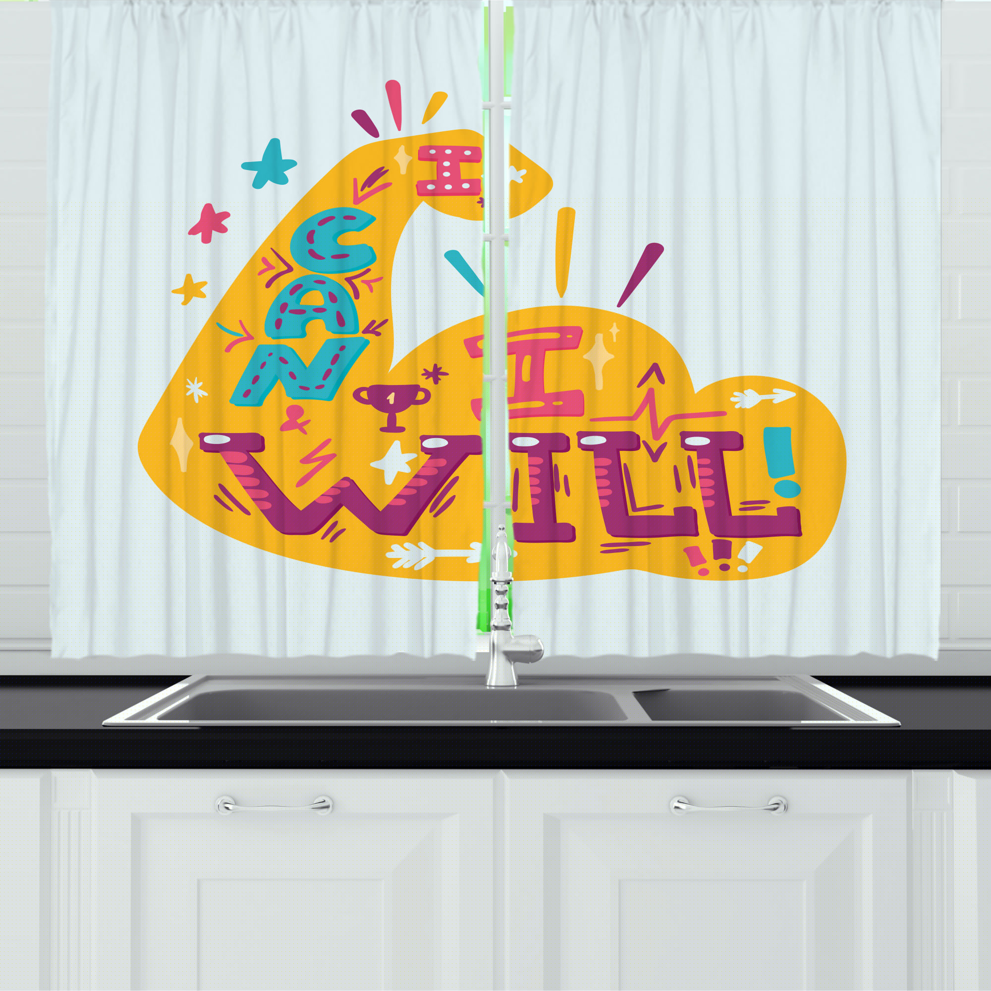 thumbnail image 1 of Calligraphy Kitchen Curtains, I Can I Will Lettering Stars Sports Motivation Competition Print, Two Panels Drapes with Rod Pocket Room Decor, 55" X 45", Marigold and Multicolor, by Ambesonne, 1 of 1