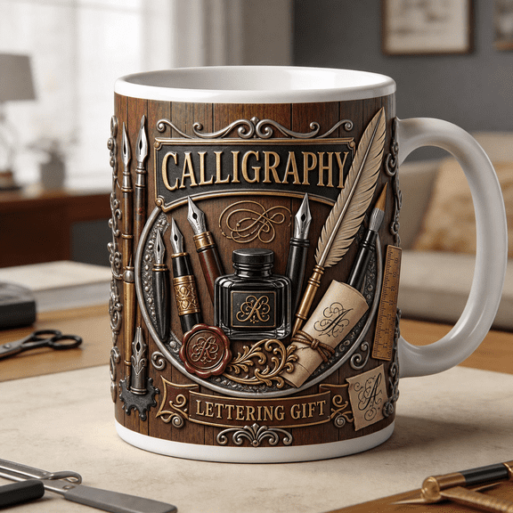 Calligraphy Mug 3D Effect Lettering Gift for Calligraphers, Artists & Pen Lovers