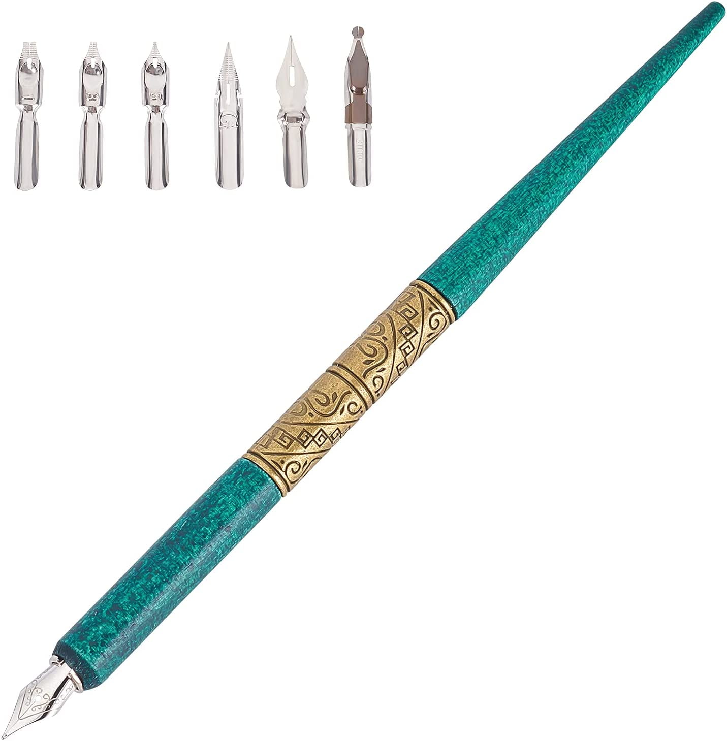 Calligraphy Oblique Nibs Pens Comic Nib Pen Holder Set Handed Dip Pen Bundle with 6PCS Manga G- Pen Nibs Replacement Supplies for Drawing Writing Sketching(Antique Pattern)
