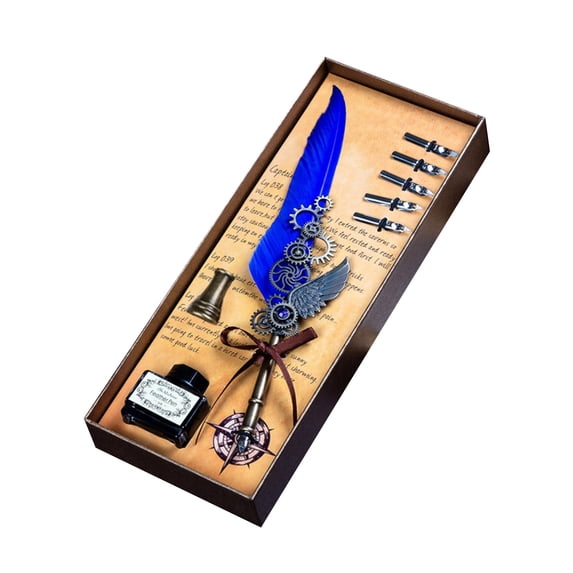 Calligraphy Pen, Antique Copper Mechanical Wing Quill Pen Set, Engraved Feather Dip Pen With Ink Bottle Brass Base For Holiday Birthday Gift