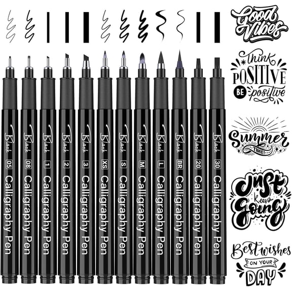 Calligraphy Pen Set for Beginners, 12 Size Calligraphys Pens for Writing, Hand Lettering Pens for Adults, Brush Pens for Art Drawing, Sketching, Scrapbooking, Journaling, Signing