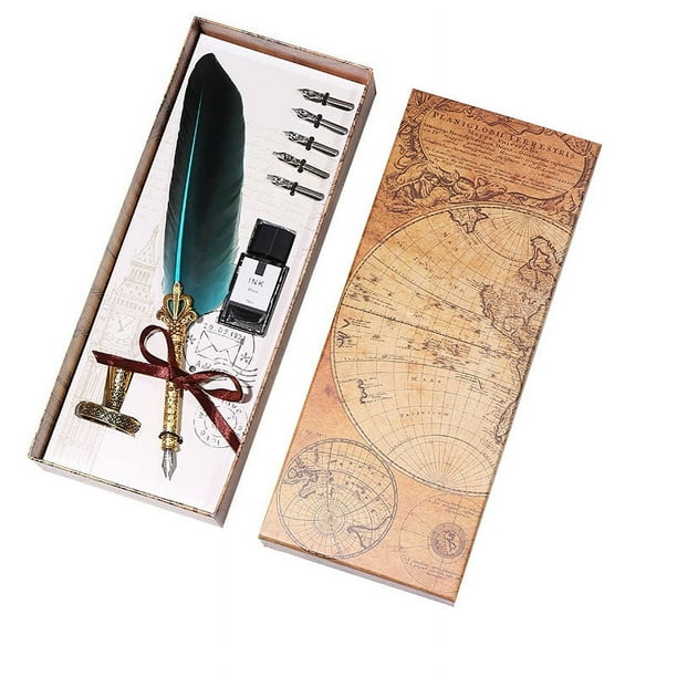 Calligraphy Pen Set,Feather Quill Pen and Ink Set,Calligraphy Pen Dip Set with Inkwell And Stand - Quill Pen Set with 5 Stainless Steel Nibs for Writing Paper, Letter Drawing Pen