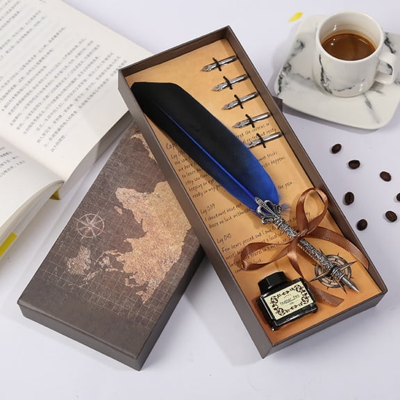 Calligraphy Pen Set, Vintage Feather Pen, Handmade True Feather and Stainless Steel Nib Best Antique Executive, Includes Ink No Need to Purchase Extra Ink (Royal Blue)