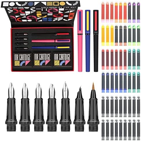 Calligraphy Pens Set 64pcs - Calligraphy Fountain Pen Set with 3 Fountain Pens, 7 Varied Nibs, 54 Ink Cartridges(10 Colors) - Writing, Drawing and Calligraphy Practice for beginner GC-F354$$Office