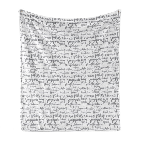 Calligraphy Soft Flannel Fleece Throw Blanket, Names of Cities in World Amsterdam New York Beijing London Vienna Madrid, Cozy Plush for Indoor and Outdoor Use, 50" x 70", Grey and White, by Ambesonne