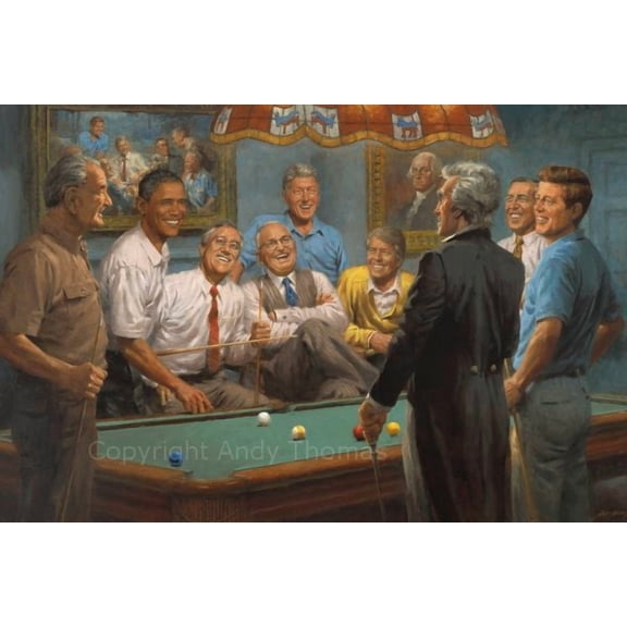Callin' The Red Notecards by Andy Thomas Set of 10 Cards featuring Democratic Presidents Playing Pool w George Washington, 4x6 inches 1 Unit per pack