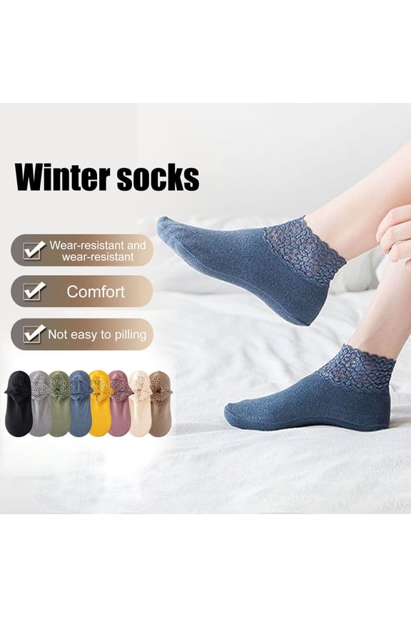 1 Pair Women Winter Socks Lace Trim Thickened German Velvet Short Type High Elasticity Anti-slip Floor Socks Comfort Warmth Sweat Absorption Socks