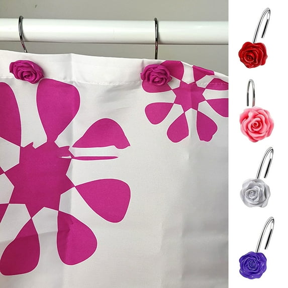 Callipe 12Pcs Metal Decorative Shower Curtain Hooks Rose Flower Design Rustproof Bathroom Shower Curtain Rings Decorations