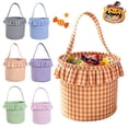 thumbnail image 1 of Callipe Halloween Basket, Plaid Ruffle Trick or Treat Candy Bucket with Handle for Kids, Reusable Gingham Fabric Storage Basket for Party Favors, 1 of 4