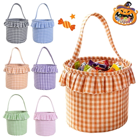 Callipe Halloween Basket, Plaid Ruffle Trick or Treat Candy Bucket with Handle for Kids, Reusable Gingham Fabric Storage Basket for Party Favors